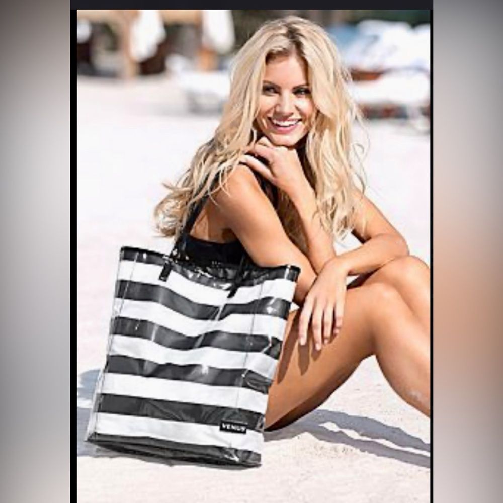 VENUS Chic Blk White PVC Wide Stripe Beach Tote Bag EYC